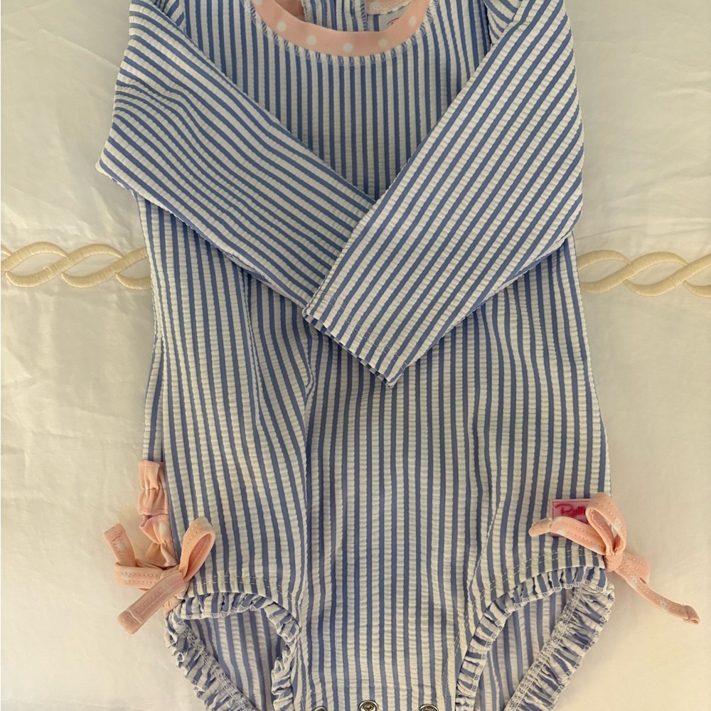 Ruffle Butts Blue and White Striped Bathing Suit 12-18M